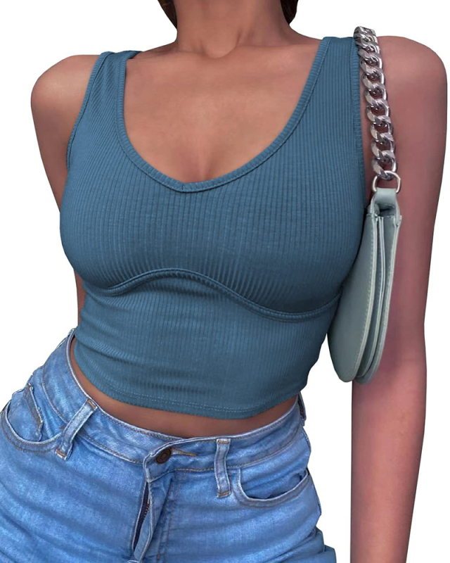 Ladies Fashion New Slim Sexy Deep V Neck Chest Stitching Solid Color Knit Vest S-XL