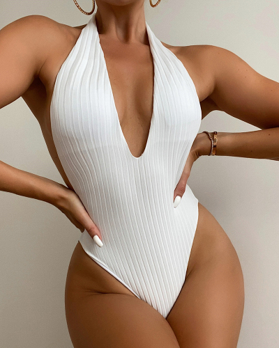 Ladies Fashion New Solid Color Big Hang Strip Sexy Backless Bikini One Piece Swimsuit S-L