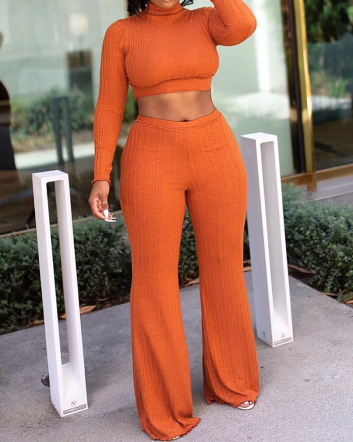 Women Long Sleeve High Waist Solid Color Pants Sets Two Pieces Outfit Yellow Orange Green Red S-2XL