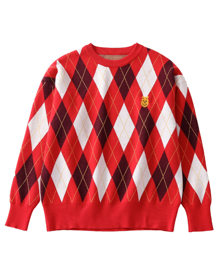 Mom's & Kid's Autumn & Winter Rhombus Long Sleeve O-neck Winter Sweater Red