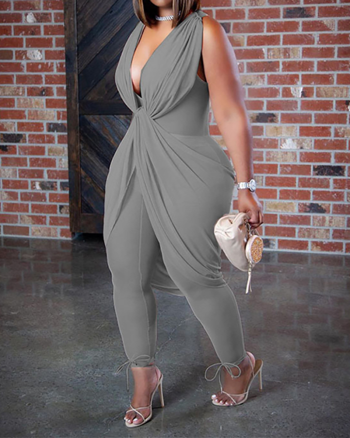Women Solid Color V-neck Sleeveless Plus Size Jumpsuits Black Gray Pink L-4XL