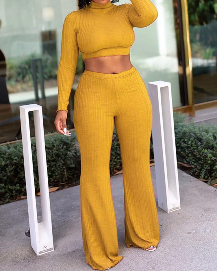 Women Long Sleeve High Waist Solid Color Pants Sets Two Pieces Outfit Yellow Orange Green Red S-2XL