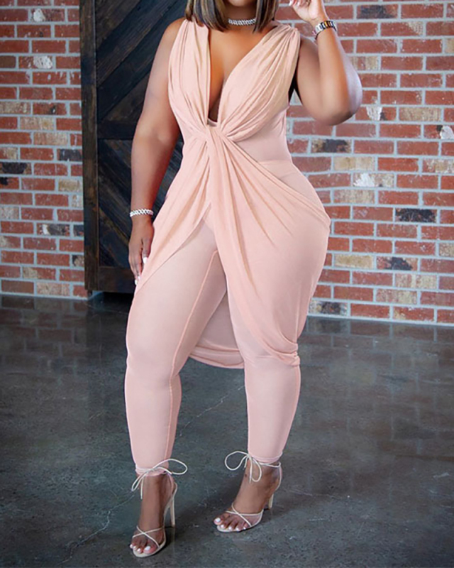 Women Solid Color V-neck Sleeveless Plus Size Jumpsuits Black Gray Pink L-4XL