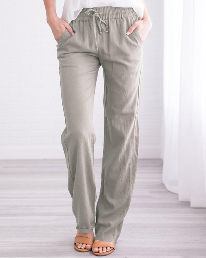 Solid Color Cotton Linen Drawstring Loose Casual Wide Leg Trousers S-3XL