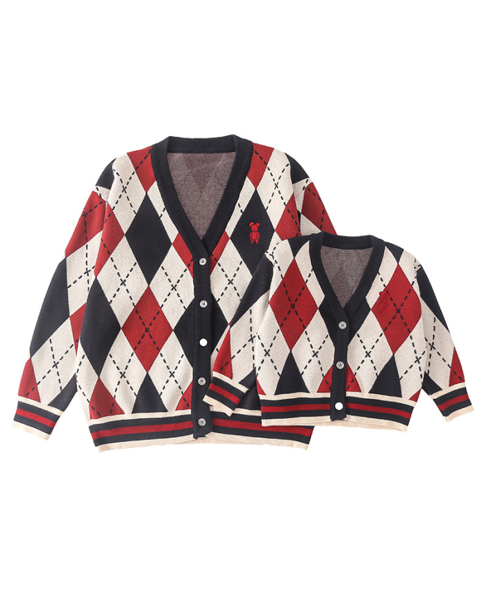 Mom's & Kid's Rhombus Printed Long Sleeve O-neck Winter Sweater Cardigan