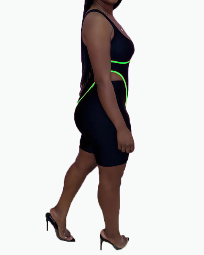 Women Sleeveless O-neck Sexy Flourescent Green Orange Sports Wear Bodysuit Short Sets Two Pieces Outfit S-XL