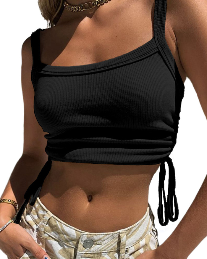 Ladies Fashion New Solid Color Thread Pit Strip Sexy Square Neck Camisole Tank Top S-XXL