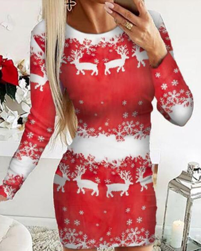 Ladies Fashion New Long Sleeve Christmas Printing Long Sleeve Slim Dress S-XXL