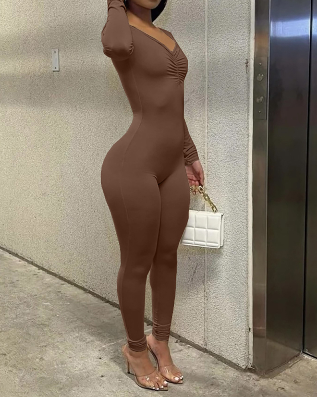 Women's Fashion New V-Neck Pleated Solid Color Long Sleeve Jumpsuit One Piece Pants S-XXL