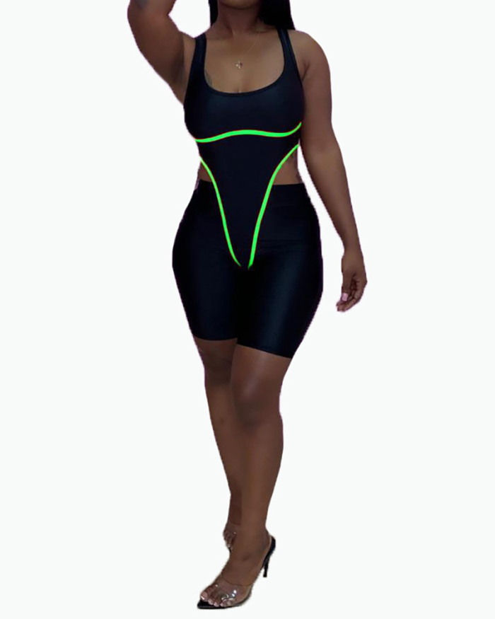 Women Sleeveless O-neck Sexy Flourescent Green Orange Sports Wear Bodysuit Short Sets Two Pieces Outfit S-XL