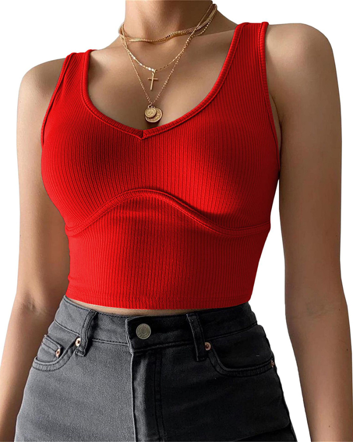Ladies Fashion New Slim Sexy Deep V Neck Chest Stitching Solid Color Knit Vest S-XL