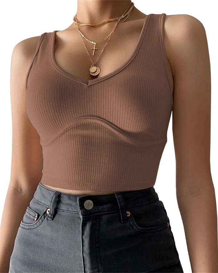 Ladies Fashion New Slim Sexy Deep V Neck Chest Stitching Solid Color Knit Vest S-XL