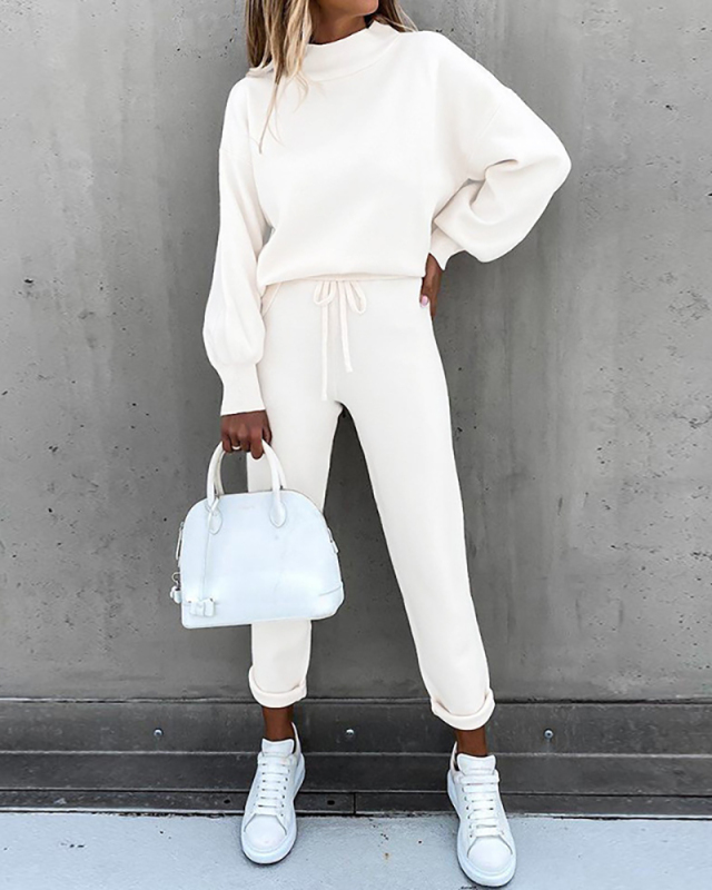 Women's Fashion New Sweater Set New High Neck Casual Solid Color Pants Pocket Two Piece S-XXL