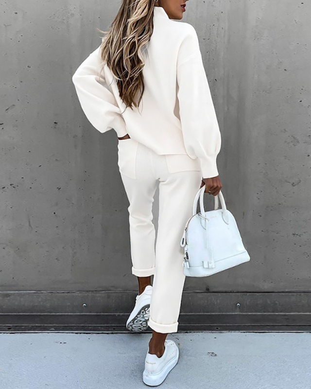 Women's Fashion New Sweater Set New High Neck Casual Solid Color Pants Pocket Two Piece S-XXL