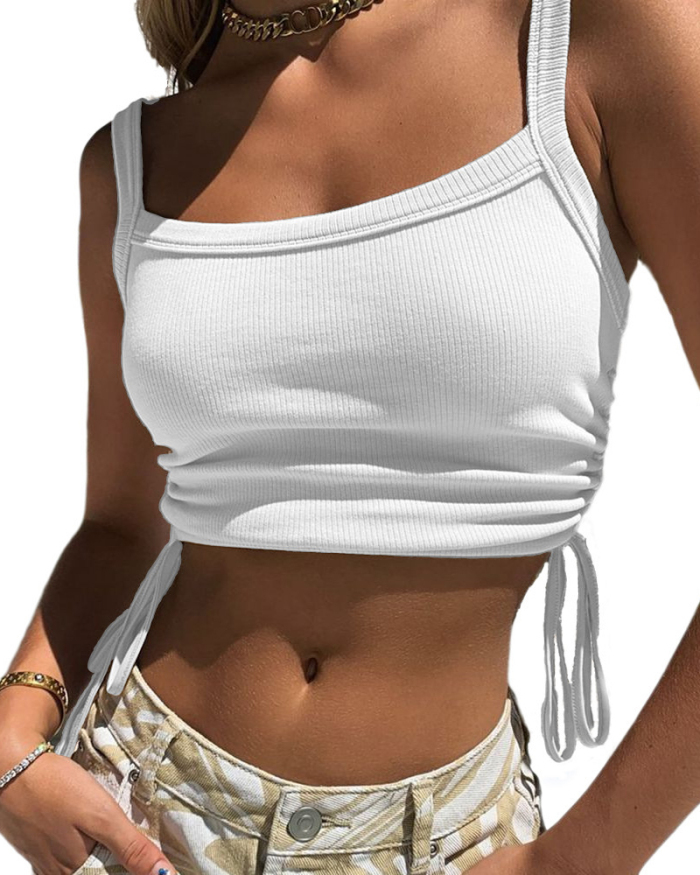 Ladies Fashion New Solid Color Thread Pit Strip Sexy Square Neck Camisole Tank Top S-XXL