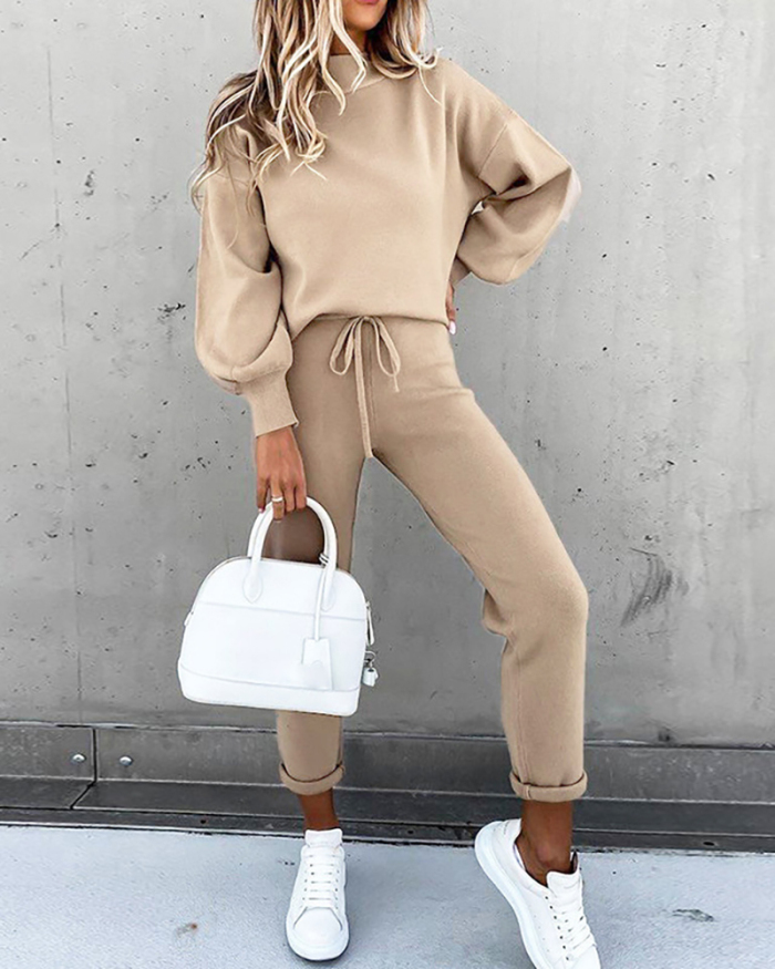 Women's Fashion New Sweater Set New High Neck Casual Solid Color Pants Pocket Two Piece S-XXL