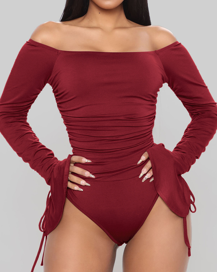 Solid Color One Shoulder Long Sleeve Women Bodysuit Pink Black Wine Red S-2XL