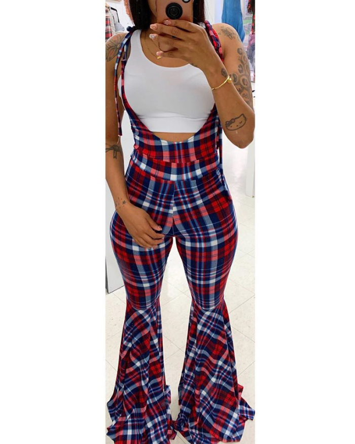 Lady Causal Printing Strappy Plaid Boot Cut Pants S-XL 