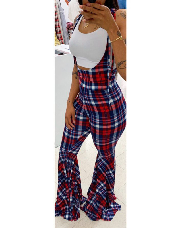 Lady Causal Printing Strappy Plaid Boot Cut Pants S-XL 
