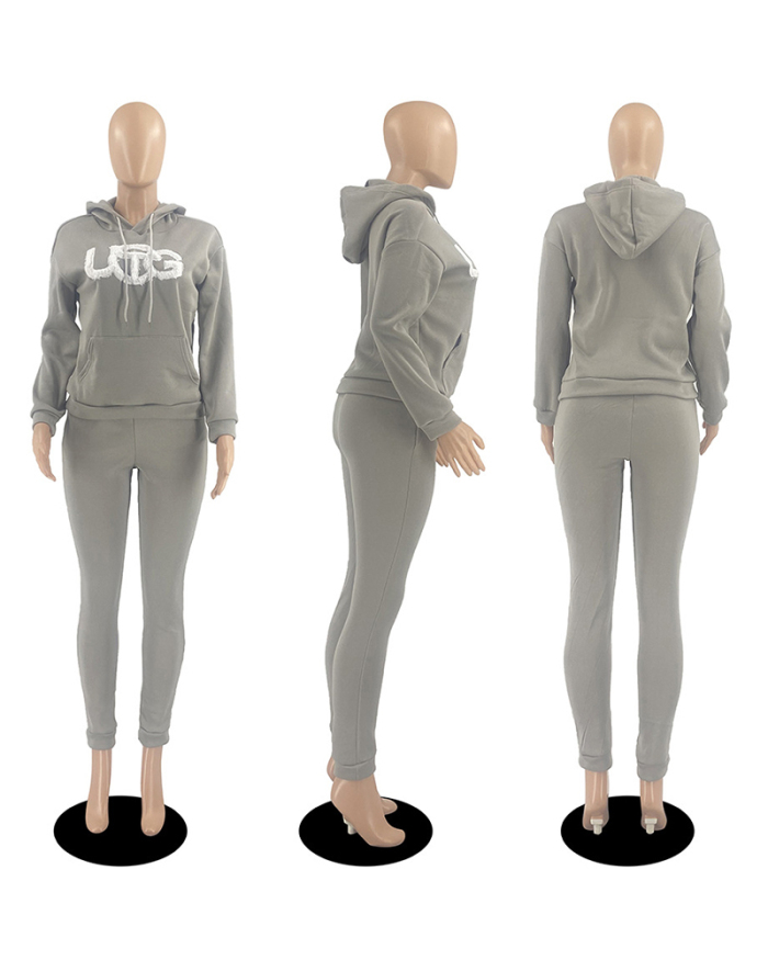 Women Long Sleeve Printed Hoodies Pants Sets Two Pieces Outfit Pink Red Gray Black Brown Khaki S-2XL