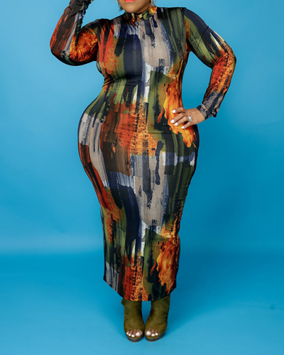 Women Long Sleeve Printed Map Leopard Graffiti Sexy Tight Plus Size Dresses XL-5XL