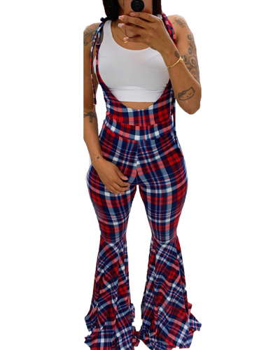 Lady Causal Printing Strappy Plaid Boot Cut Pants S-XL 