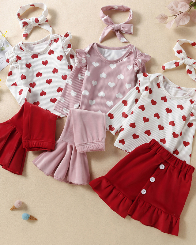 Kids Cute Heart Shape Tops Flared Trousers Two Pieces Sets