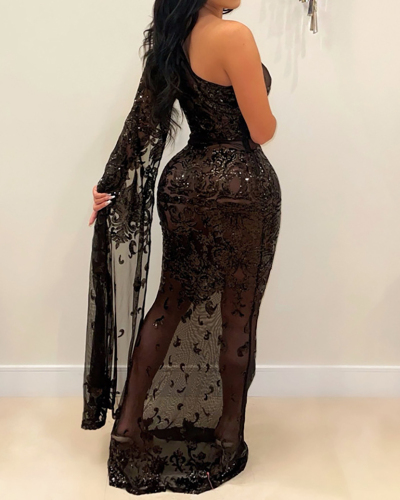 Lady Mesh See Through Sexy Party One Shoulder One Piece Dress Black White S-3XL 