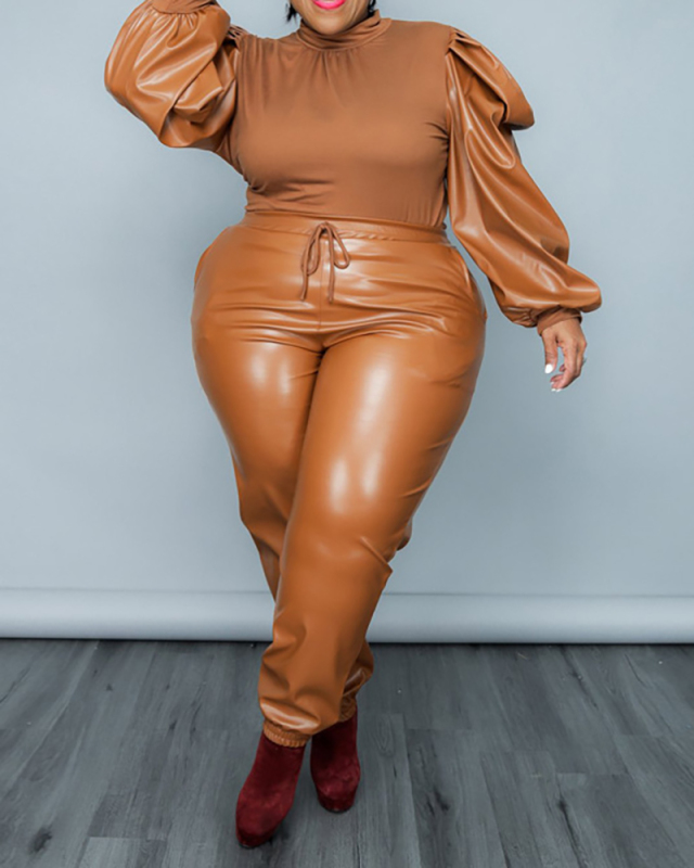 Women Patchwork Long Puff Sleeve Solid Color Plus Size Two Piece Sets Black Army Green Orange XL-5XL