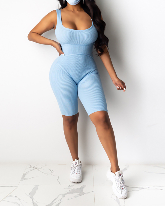 Solid Color Sports Wear Women Sleeveless Rompers Pink Gray Blue S-XL