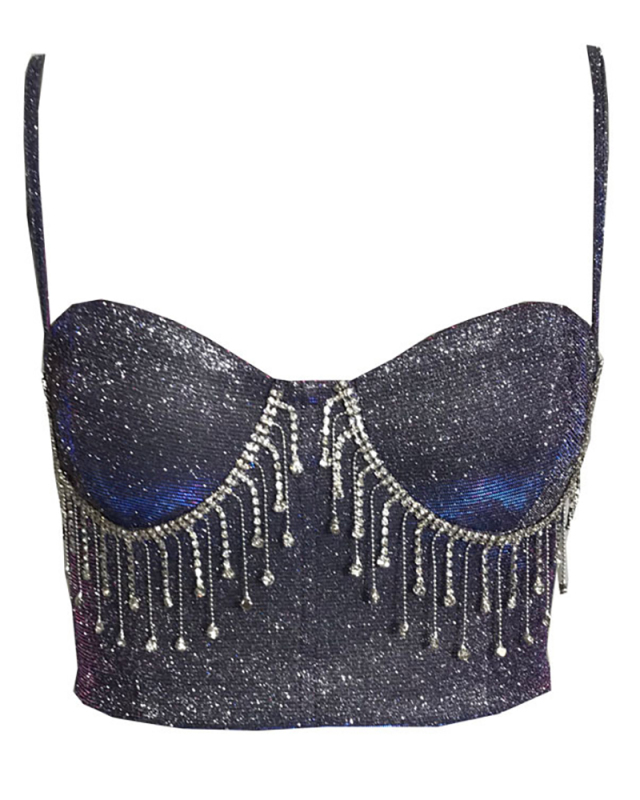 Ladies Fashion Camisole Sexy Nightclub Slim Fit Tassel Diamond Backless Tank Top  S-XL