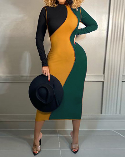 Plus Size Women Long Sleeve Colorblock Spring Sexy Tight Midi Dresses Casual Dresses Green Blue Coffee S-5XL