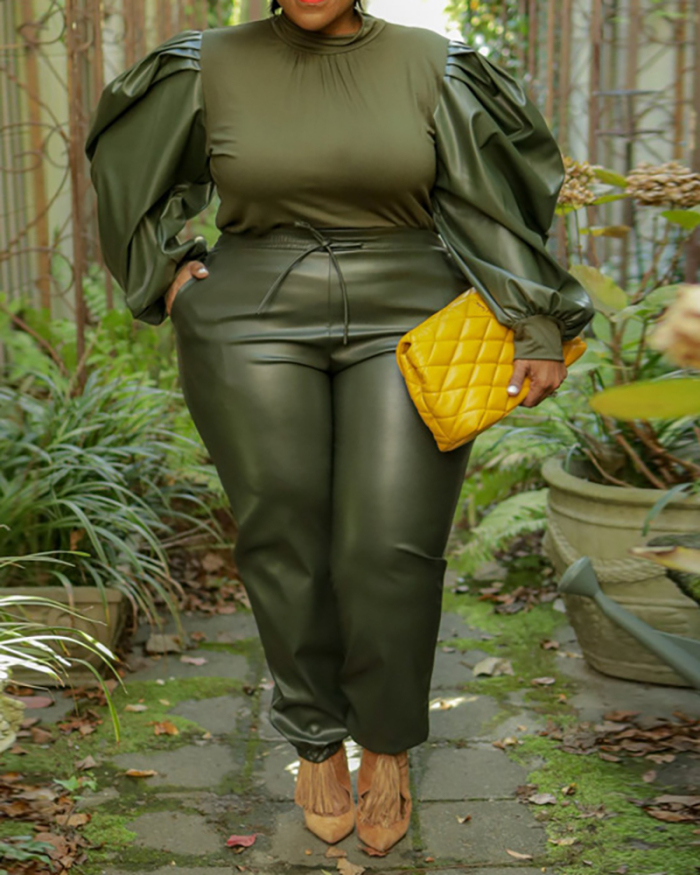 Women Patchwork Long Puff Sleeve Solid Color Plus Size Two Piece Sets Black Army Green Orange XL-5XL