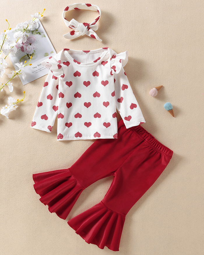 Kids Cute Heart Shape Tops Flared Trousers Two Pieces Sets