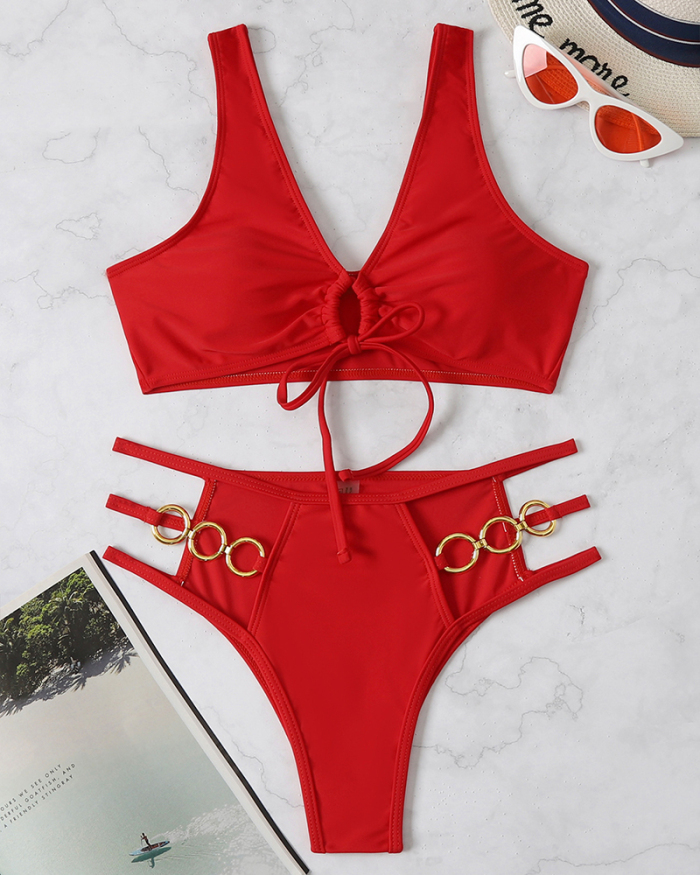 Women High Waist Ring Solid Color Hollow Out Sexy Two-piece Swimsuits Red S-L