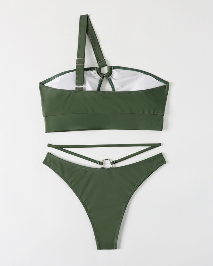 Sexy Women Hollow Out High Waist Ring Tie One Shoulder Two Piece Swimsuits Bikini Dark Green S-L