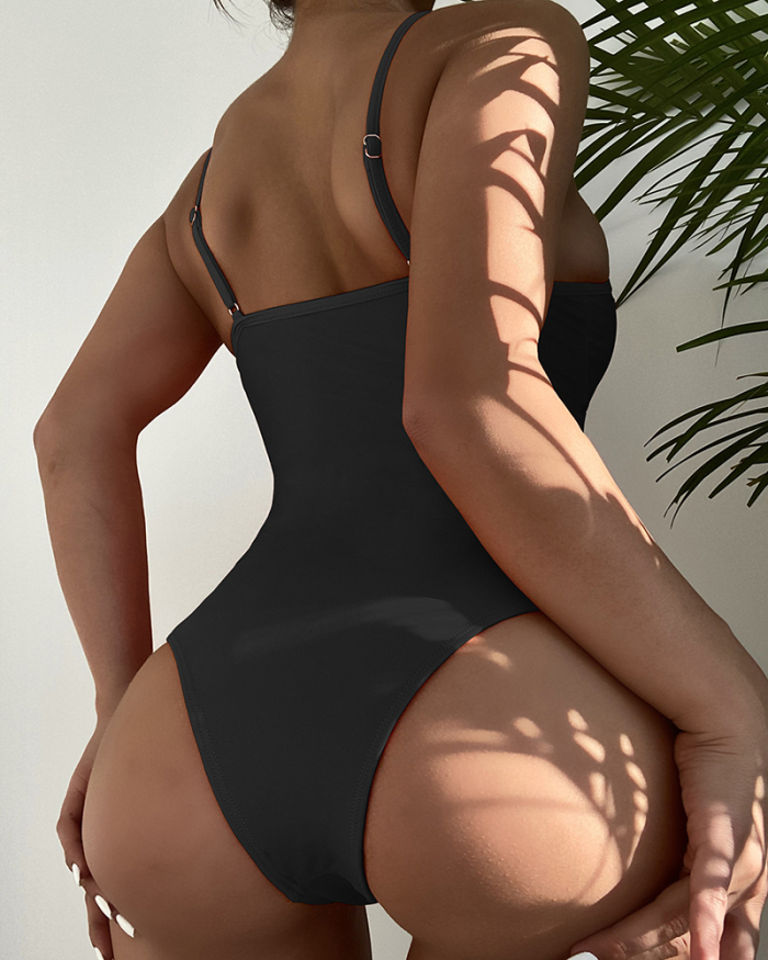 Ladies Fashion New One Piece Solid Color Bikini Swimming Hollow Swimwear Mesh S-L