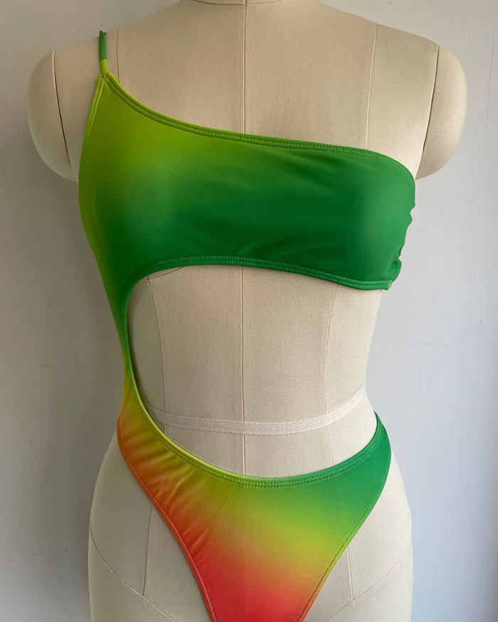 2022 Gradient Hollow Out One Shoulder High Cut Lady Plus Size One-piece Swimsuit Yellow Green Purple Blue S-4XL