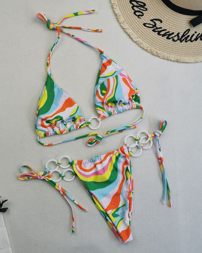Halter Neck Solid Color Lady Tie Side String Two-piece Swimsuit White Yellow Green Red Purple Black Coffee S-L