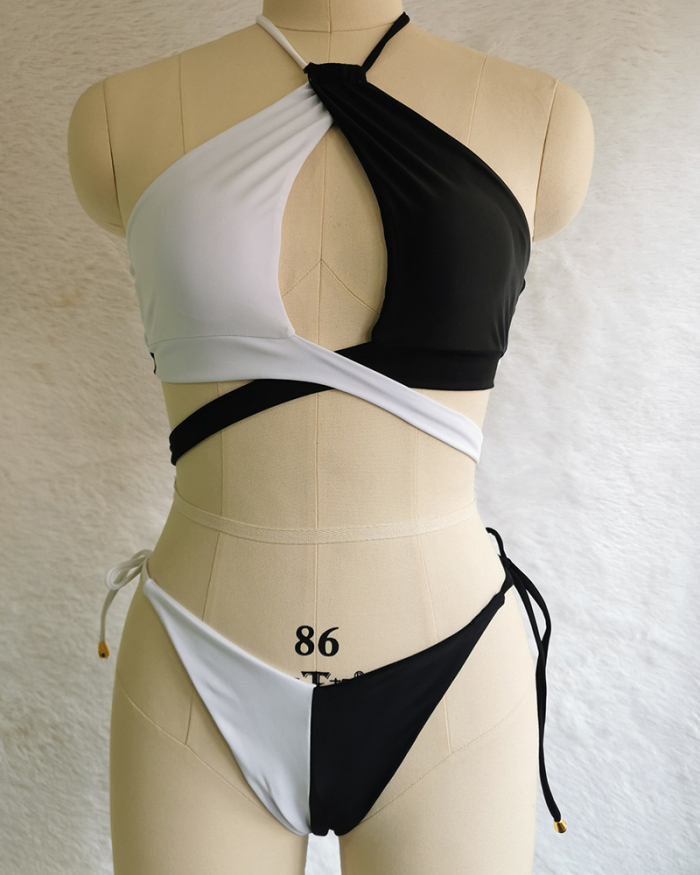 New Swimsuit Color Blocking Gathering Strap Sexy Bikini Swimsuit S-XL