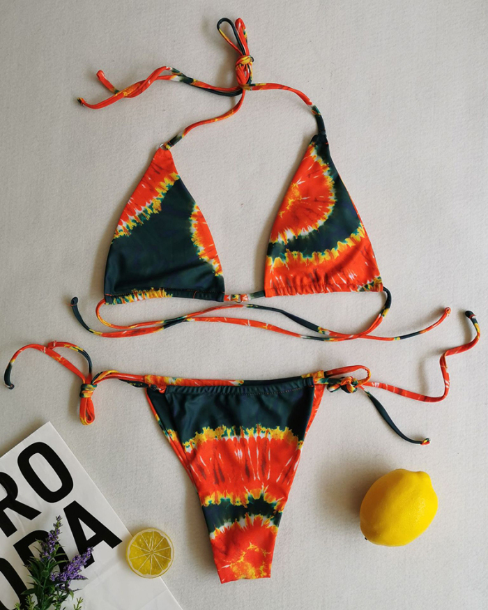 Sexy Halter Neck Florals Solid Colorful Tie Side String Two-piece Swimsuit S-XL