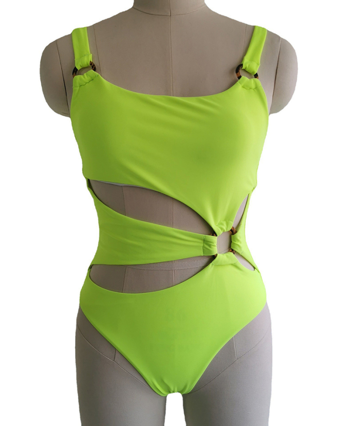 Lady Solid Color Hollow Out Sexy One Piece Swimgwear White Black Green S-L 