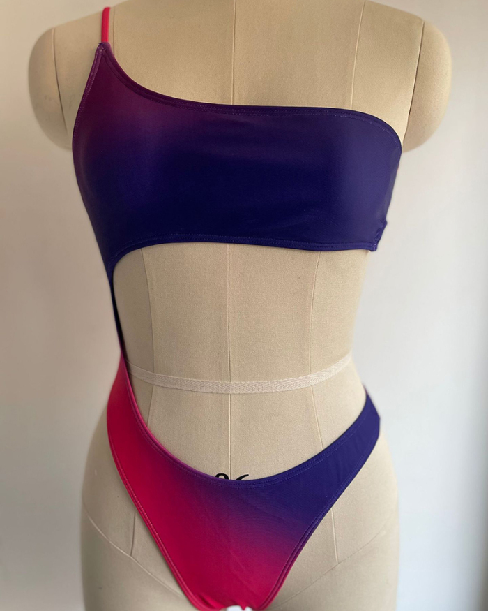 2022 Gradient Hollow Out One Shoulder High Cut Lady Plus Size One-piece Swimsuit Yellow Green Purple Blue S-4XL