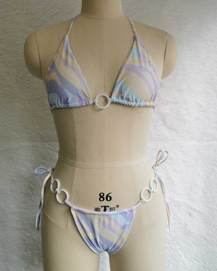 Halter Neck Solid Color Lady Tie Side String Two-piece Swimsuit White Yellow Green Red Purple Black Coffee S-L