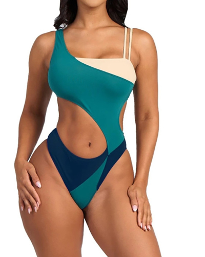 Lady Colorblock Hollow Out One Piece Swimwear Blue S-L 