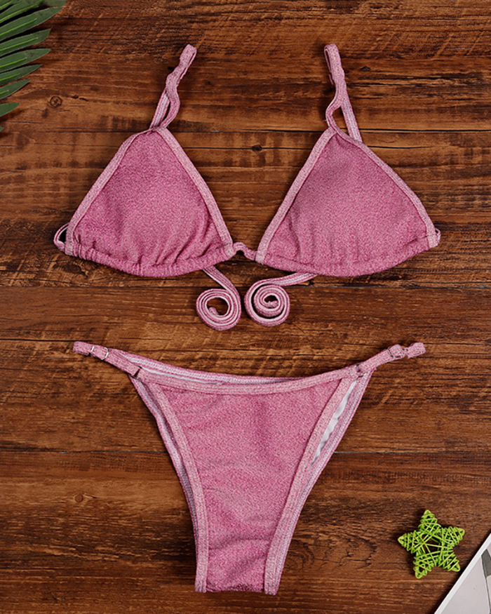 Women Strap Solid Color Sexy Bikini Swimwear High Cut Two-piece Swimsuit Pink Deep Pink Purple Gold S-XL