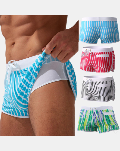 New Men's Double Layer Anti Glare Beach Striped Men's Swim Short Black Blue Red Green S-3XL
