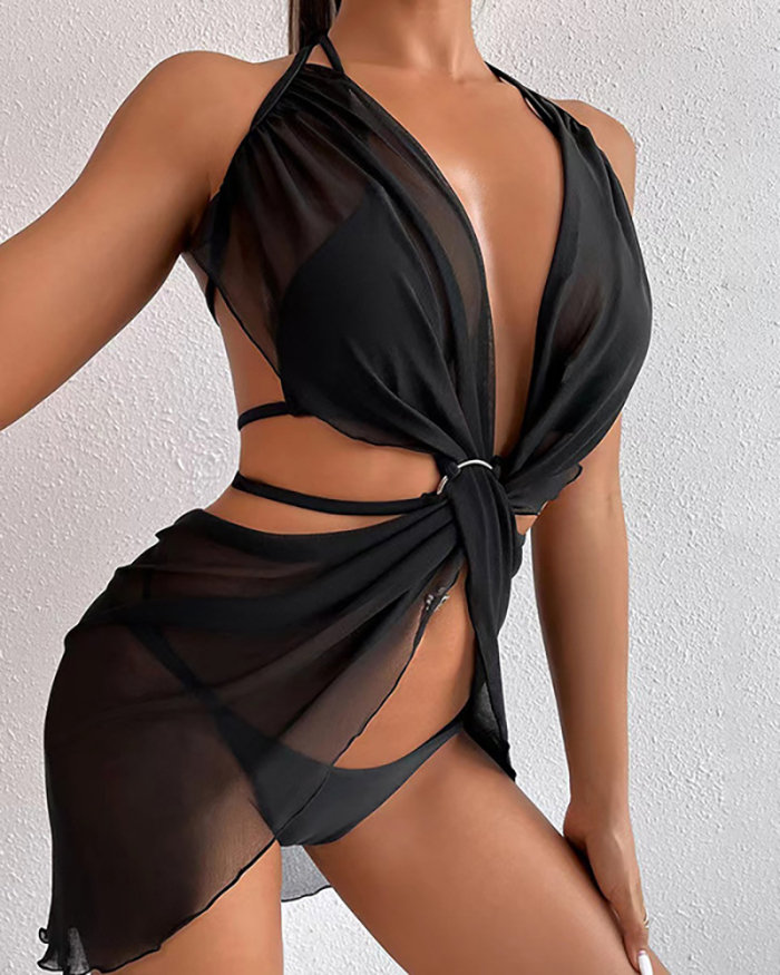 Women Solid Color Mesh Backless Three Piece Swimwear S-L 
