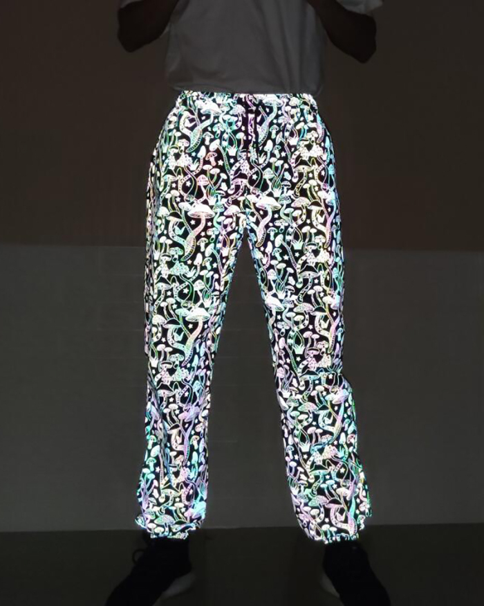 Ladies Fashion Cartoon Mushroom Print Color Reflective Pants Men's Hip Hop S-3XL