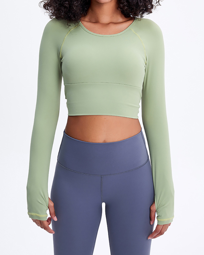 Ladies Fashion Chest Pad Breathable Sports Tight Short Fashion Long Sleeve Fitness Yoga Top S-L